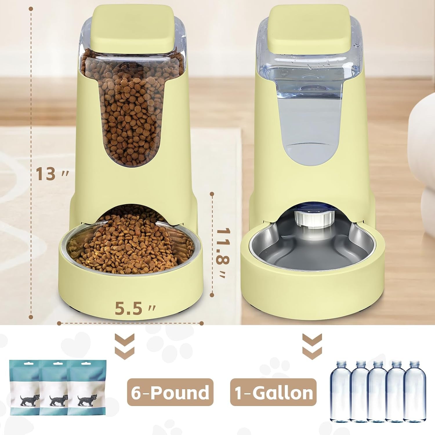 hwonmte-portable-automatic-cat-feeder-and-water-dispenser-with-stainless-steel-bowl-dog-gravity-food-feeder-and-waterer-for-small-medium-pets-puppy-kitten-1-gallon-x-2-cream-yellow