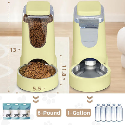HWONMTE Portable Automatic Cat Feeder and Water Dispenser with Stainless Steel Bowl Dog Gravity Food Feeder and Waterer for Small Medium Pets Puppy Kitten 1 Gallon X 2 (Cream Yellow)2