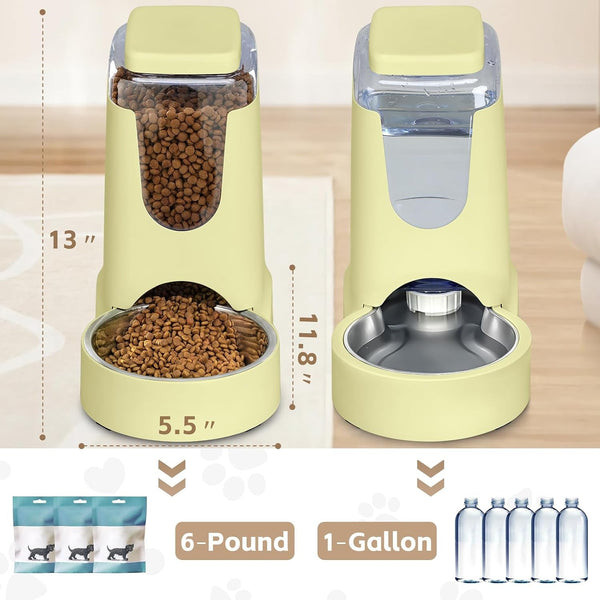 HWONMTE Portable Automatic Cat Feeder and Water Dispenser with Stainless Steel Bowl Dog Gravity Food Feeder and Waterer for Small Medium Pets Puppy Kitten 1 Gallon X 2 (Cream Yellow)2