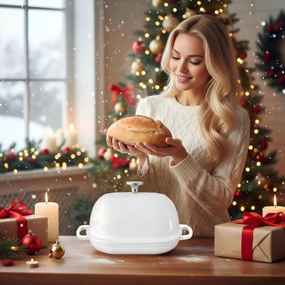 Cast Iron Bread Oven,6 QT Bread Oven,Thick Enameled Loaf Pan with Lid,Bread Pans for Homemade Bread,14.5"Dutch Oven for Bread Baking,Dutch Oven-With Silicone Baking Mat&Recipe,Gifts for Family,White2