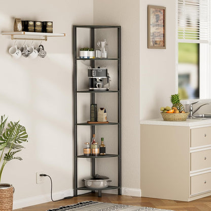 6 Tier Corner Shelf with LED Light, 67.5" Black Narrow Bookshelf | Tall Standing Shelf Organizer, Storage Rack for Wall Corner, Living Room, Bedroom, Metal Frame, Wood Display Shelf9