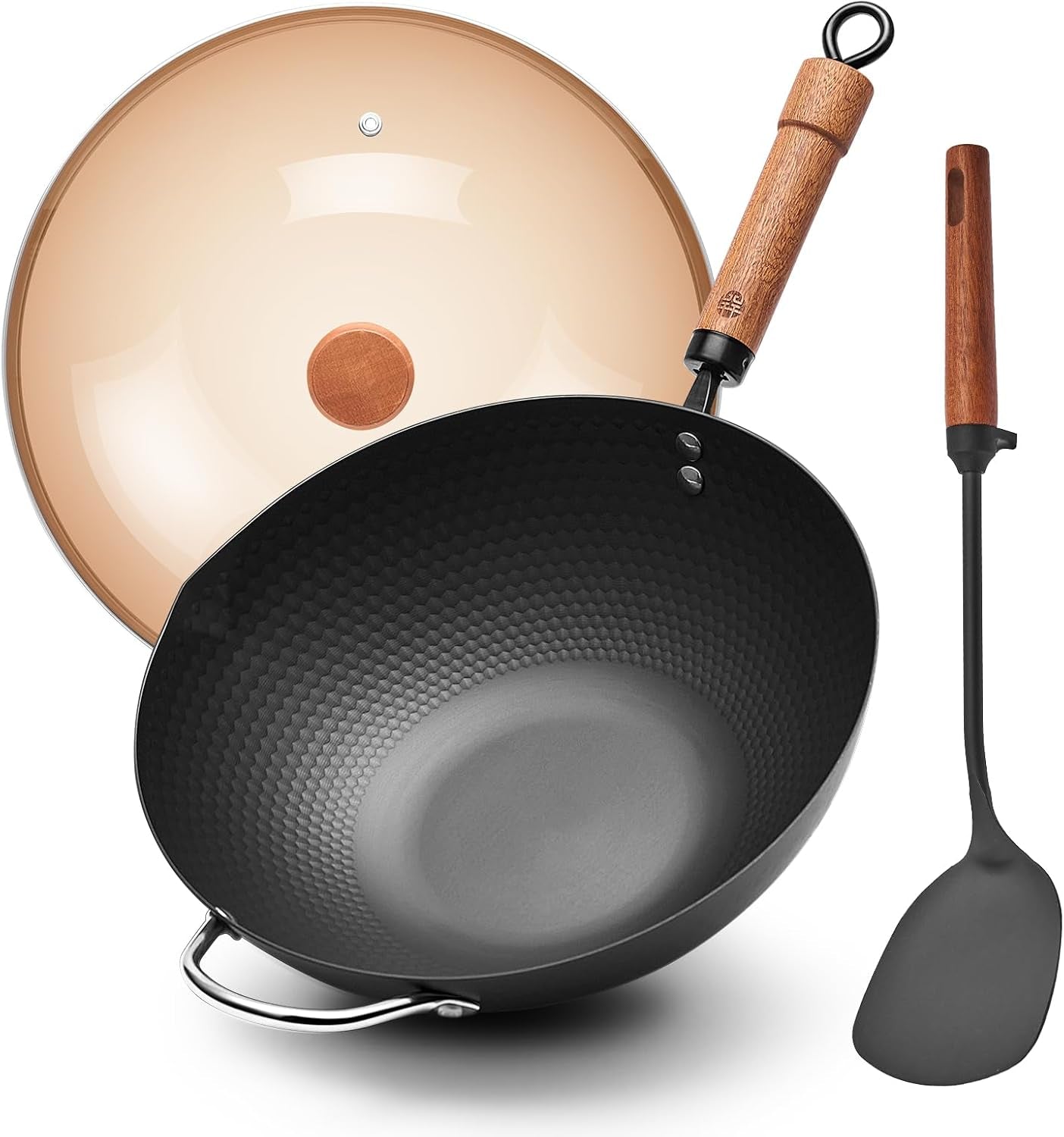 carbon-steel-wok-with-lid-12-6-hammered-stir-fry-pan-with-helper-handle-iron-spatula-thickened-heavy-duty-flat-bottom-wok-for-induction-electric-gas-stoves-metal-utensil-safe