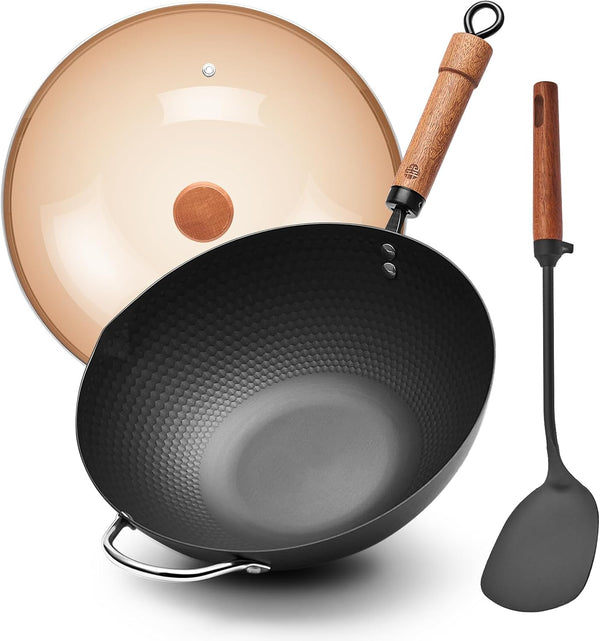 Carbon Steel Wok with Lid, 12.6" Hammered Stir Fry Pan with Helper Handle & Iron Spatula, Thickened Heavy Duty Flat Bottom Wok for Induction, Electric & Gas Stoves, Metal Utensil Safe1