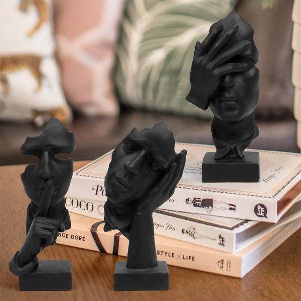 Prosfalt 3 Pcs Thinker Statue, Silence Is Gold Abstract Art Figurine, No Hear No See No Speak Modern Home Resin Sculptures Decorative Objects Decor for Home Office Bookshelf Desktop(Black) (A-41)2