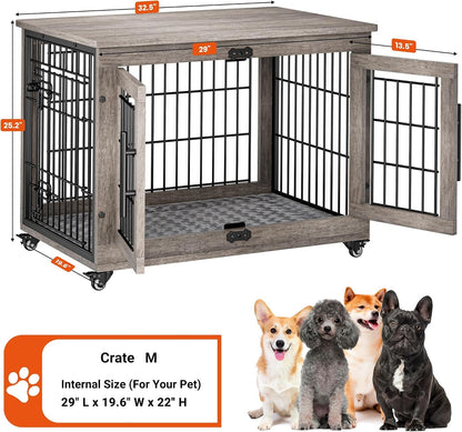 Medium Dog Crate Furniture, 32'' Heavy Duty Kennel W/Cushion & Wheels | Grey, Double Doors, Wooden Dog Cage, Chew-Resistant, End Table, Decorative, 27"/32"/38"/44" Options, Indoor4
