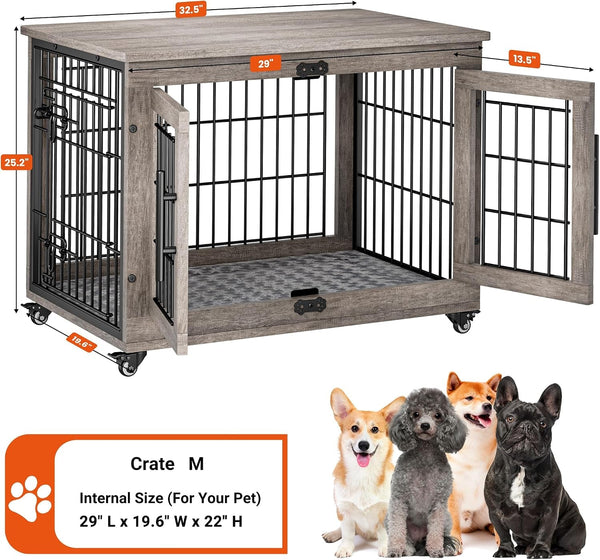 Medium Dog Crate Furniture, 32'' Heavy Duty Kennel W/Cushion & Wheels | Grey, Double Doors, Wooden Dog Cage, Chew-Resistant, End Table, Decorative, 27"/32"/38"/44" Options, Indoor4