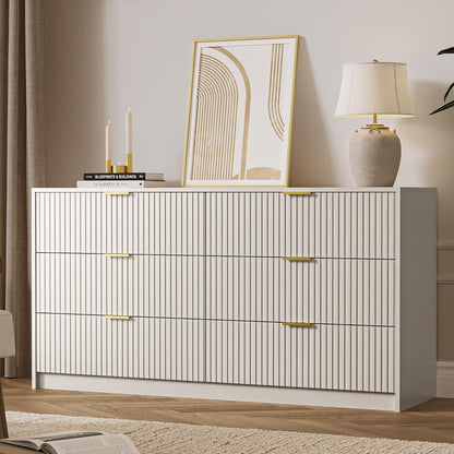 6 Drawer Dresser for Bedroom, 55" Wide Modern Chest of Drawers with Gold Metal Handles, Fluted Wood TV Stand for Living Room, Hallway(Beige)6
