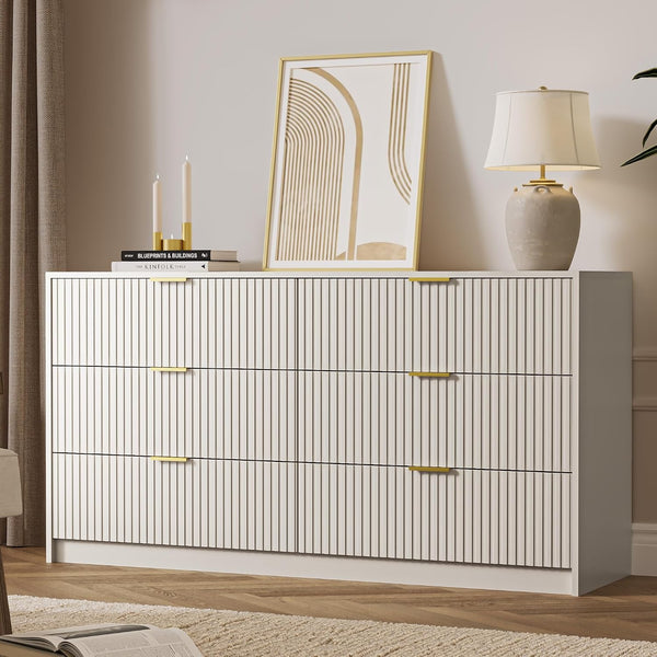 6 Drawer Dresser for Bedroom, 55" Wide Modern Chest of Drawers with Gold Metal Handles, Fluted Wood TV Stand for Living Room, Hallway(Beige)6