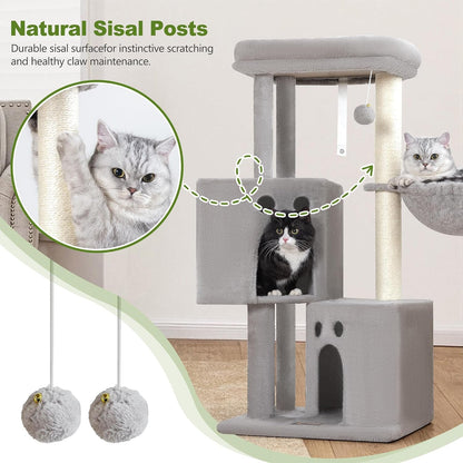 Small Cat Tree Tower for Indoor Cats, 40 in Medium Cat Bed Scratching Posts | Multi Level Compact Kitty Kitten Houses Climbing Trees Stands with 2 Condos Sisal Post Perch Platform Hammock Plush Toy Balls5
