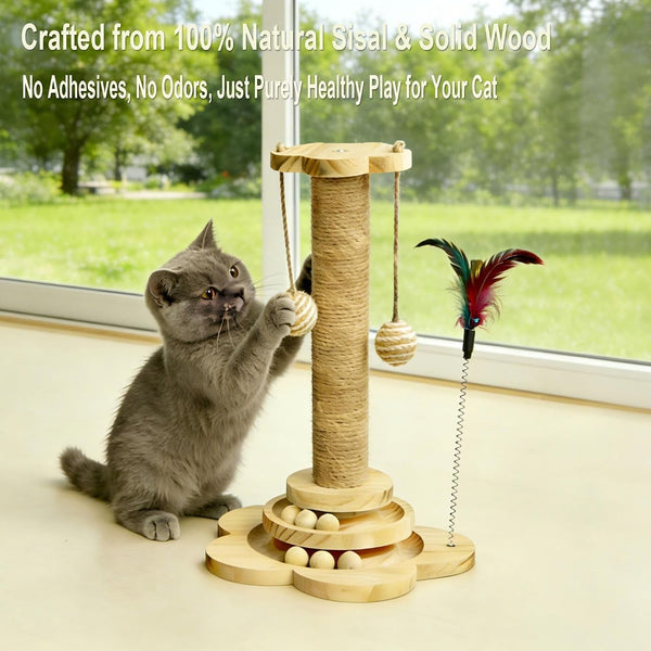Wooden Cat Scratching Post, 4 in 1 Cat Scratcher Kitten Toys | 17.7" Tall Sisal Post for Indoor Cat with Two-Laye Wooden Ball Track, Ideal for Small Medium Cat5