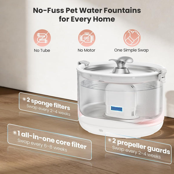 Cat Water Fountain Pumpless Stainless Steel Buckets & Bowl Wireless Pet Water Fountain 2.5L Water Fountains for Cats Indoor Dispenser Easy to Clean BPA -Free White2