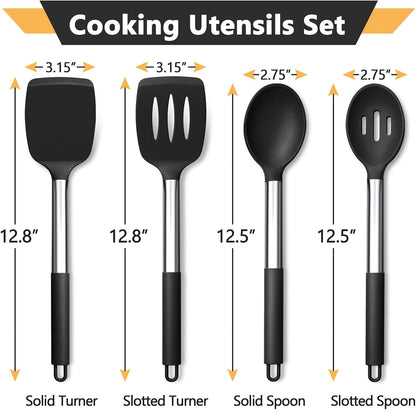 Black Kitchen Cooking Utensil Set of 4, Slicone Head & Steel Body | Silicone Solid Spatulas Slotted Spoons Turners for Non-Stick Cookware Flipping Mixing, Heat-Proof2