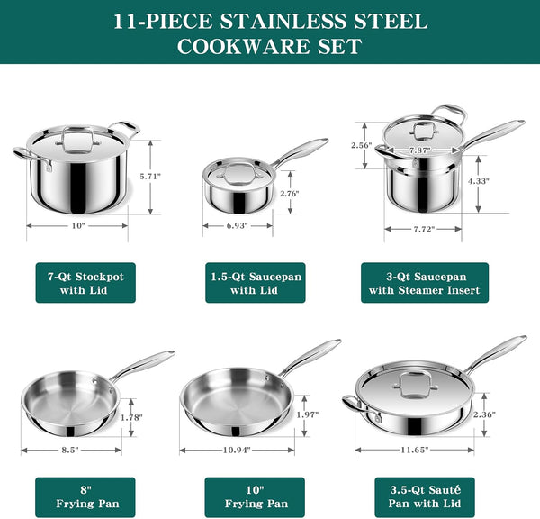 Pots and Pans Set, 3 Ply 11 Piece Stainless Steel Cookware Set, Oven Dishwasher Safe | Induction Compatible Frying Pans, Saucepans, Saute Pan & Stock Pot, PFOA Free Kitchen Skillet2