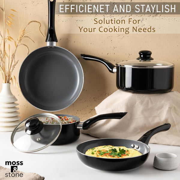 6 Pcs Black Nonstick Cookware Set, Induction Cookware | Pots and Pans Set Non Stick with Glass Lid, Stay-Cool Handle PTFE/PFOA Kitchen Pots 6-Piece with Frying Pans & Saucepan6
