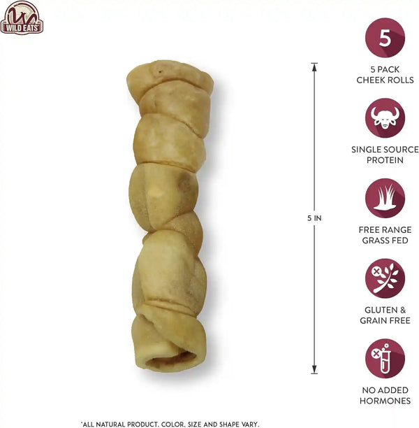 Wild Eats Water Buffalo Retriever Style Cheek Rolls Dog Chews, Pack of 5 | Long Lasting Treats and Bones for Aggressive Gnawing and Large Sized Breeds, Works as a Satisfying Substitute for Pig Ears2