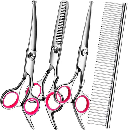 Dog Grooming Scissors Kit, Premium Stainless Steel Dog Shears with Curved Shears, Sharp Durable for Dogs Cats+Pink 3 Piece10