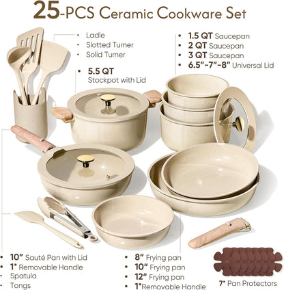 25Pcs Ceramic Cookware Set, Pots and Pans Set with Detachable Handle | Non-Stick, Non-Toxic, PFAS & PFOA Free, Induction Compatible, Dishwasher & Oven Safe, Space Saving, Camping Cooking, Oatmeal2