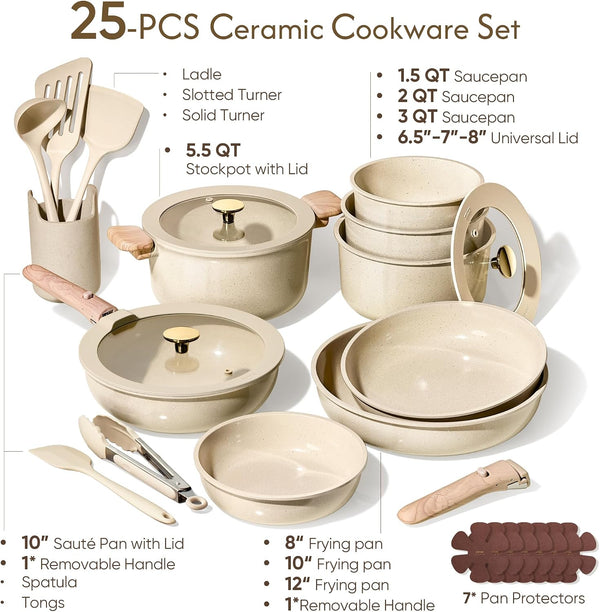 25Pcs Ceramic Cookware Set, Pots and Pans Set with Detachable Handle | Non-Stick, Non-Toxic, PFAS & PFOA Free, Induction Compatible, Dishwasher & Oven Safe, Space Saving, Camping Cooking, Oatmeal2