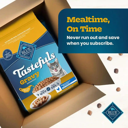 Blue Buffalo Tastefuls Irresistible Gravy Experience Chicken & Brown Rice Recipe Dry Indoor Cat Food for Adult Cats, Deliciously Healthy Natural Cat Food, Supports Digestion & Coat Health, 3 Lbs.10