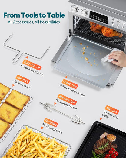 28QT Air Fryer Toaster Oven Combo, Large 12-In-1 Convection Countertop Oven with 3-Layer Cooking, Rotisserie for Chicken, 6 Heating Tubes, Fast Preheat, Fit 11" Pizza, All Accessories, Silver Red6
