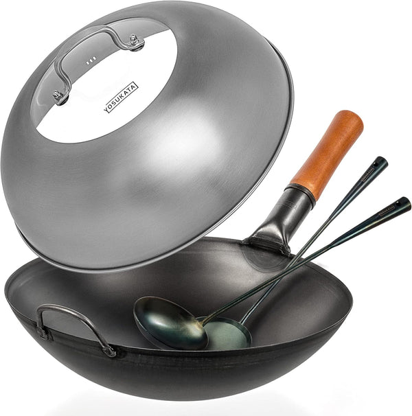 Black Carbon Steel Wok Pan 14" (Round Bottom) with Lid 13.6 Inch - Premium Stainless Cover + Pre-Seasoned - Blue Carbon Steel 17-Inch Spatula, Ladle, 3 Pairs of Chopsticks1