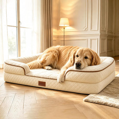 Large Dog Sofa Bed with Reusable Potty Pad - 44.5" X 33.5" X 6.7" Beige Dog Sofa with Soft Plush Surface, Raised Bolsters, Removable Bolster, and Non-Slip Bottom for Large Dogs - Xlarge1