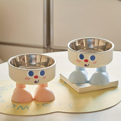 A New Mischievous Face Cartoon Pet Bowl, Stainless Steel High-Neck Cat Bowl for Feeding and Watering, Dog Bowl, Dog Dining Plate (Pink)2