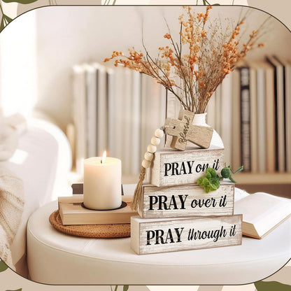 4 Pcs Christian Table Decor Wooden Cross Wooden Bible Verse Sign | Inspirational Religious Christian Centerpiece,Farmhouse Tiered Tray Decorations, Wooden Pray Block Signs, Faith-Inspired4