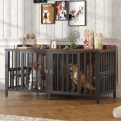 BOINN 63" Heavy Duty Dog Crate Furniture with 4 Doors, Removable Divider & Openable Top, Indoor Dog Kennel with Raised Edge Tabletop, Double Dog Cage for Medium Large Dogs, Decorative Pet Crate14