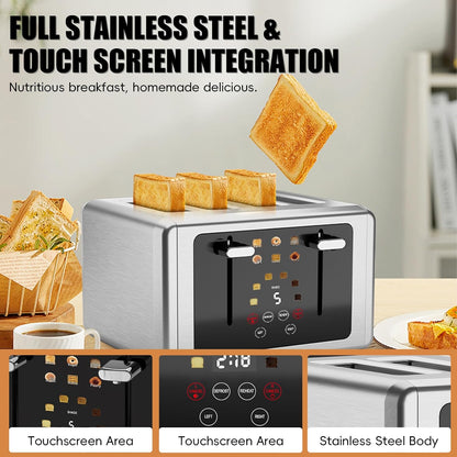 Smart Digital 4-Slice Touchscreen Toaster, Wide Slots & Dual Control | Digital Timer, 6 Bread Types & 6 Shade Settings, Defrost/Reheat/Standby, Sound Control, Stainless Steel6