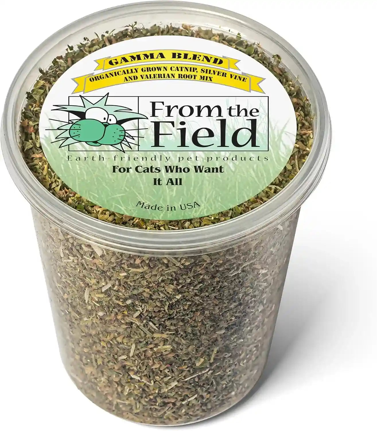 from-the-field-gamma-blend-catnip-leaf-and-flower-silver-vine-valerian-root-mix-fresh-usa-grown-organic-catnip-for-cats-potent-resealable-tub-2-oz