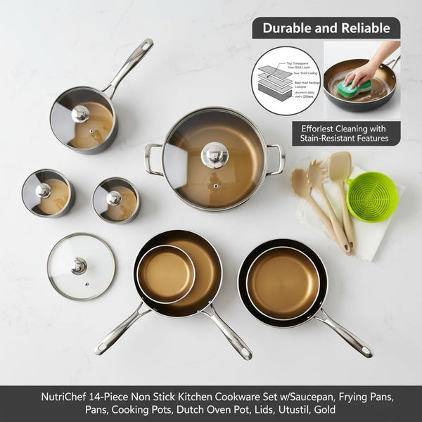 14-Piece Non Stick Kitchen Cookware Set W/Saucepan, Frying Pans, Cooking Pots, Dutch Oven Pot, Lids, Utensil, Gold5