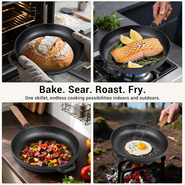 12" Cast Iron Skillets with Removable Wooden Handle, Pre-Seasoned Frying Pan for Stove, Oven, Grill & Campfire Cooking (1, 12")3