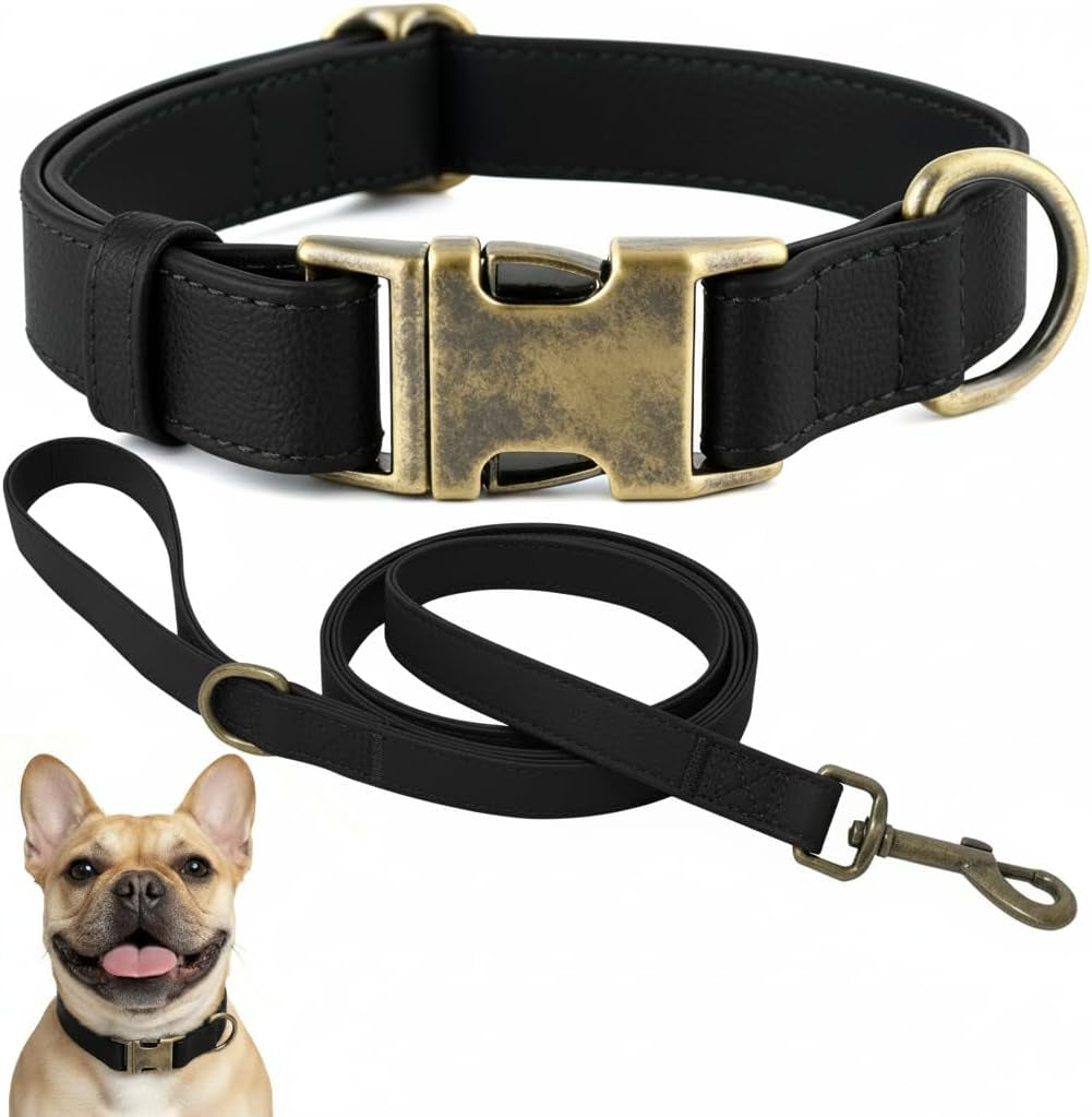 b-f-dog-collar-and-leash-set-leather-silicone-waterproof-odor-proof-dog-collar-and-leash-for-medium-dogs-soft-flexible-dog-collars-adjustable-pet-collar-brown-medium-12-5-20-neck