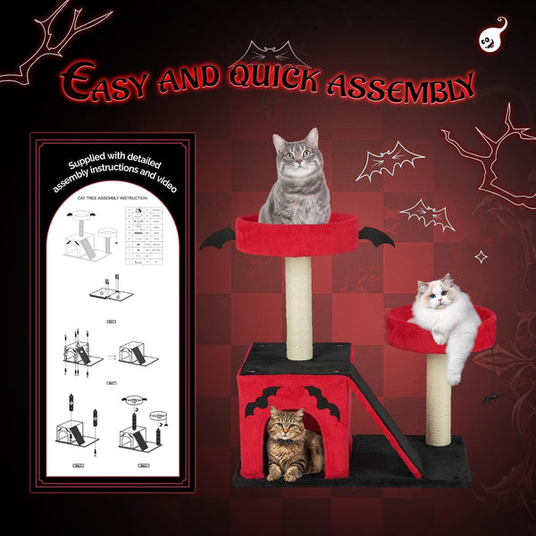 VINGLI 27.6In Gothic Cat Tree with Spacious Cat Condo & 2 Padded Perches, Red & Black Cat Tower with Scratching Ladder, Sisal Posts & Spider Toy for Large Cats9