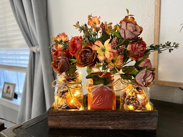 3 Pcs Mason Jar Centerpiece Table Decorations for Dining Table Decor Farmhouse Coffee Table Decor with Wood Tray and Led Light Table Centerpieces for Dining Room Kitchen Living Bathroom,Orange | Rustic Farmhouse Decor for Home Décor Accents Kitchen Counter Decor Dining Room Living Bathroom,Orange5