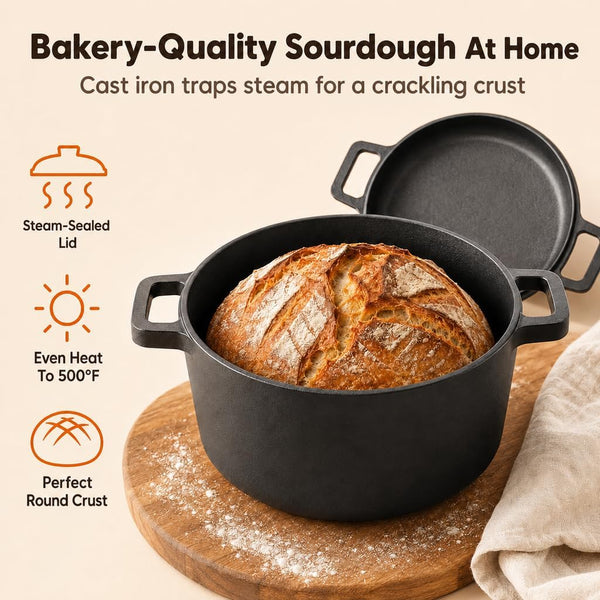 Cast Iron Dutch Oven Pot (4.8L) with Lid (1.2L) & Cleaning Scrubber, Heavy-Duty Dish for Casserole and Sourdough Bread. Pre-Seasoned Cast Iron Pot with Skillet Lid for Roasting to Frying, Oven Safe5
