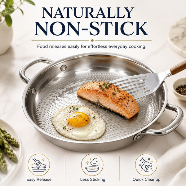 Titanium Hammered Pan, Upgrade Double Handle No Coating Non-Stick Titanium Cookware, Ultra-Durable, Scratch-Resistant, Even Heating Frying Pans, Compatible with All Cooktops,11.02In/Lid4