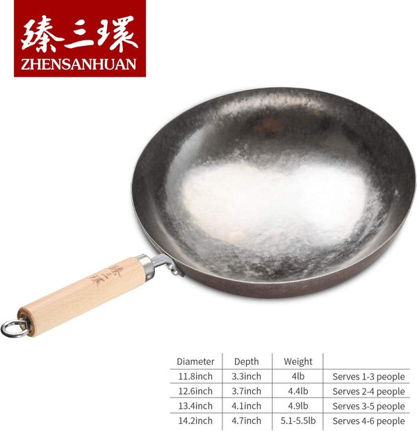 Zhensanhuan Chinese Hand Hammered Iron Pow Woks and Stir Fry Pans Wooden Handle (Silver-Not Seasoned 32Cm)3