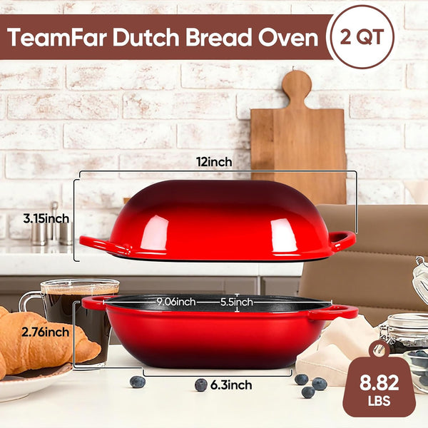 Enameled Cast Iron Bread Loaf Pan, 2 QT Oval Dutch Oven with Lid | for Sourdough Bread Baking, Enameled Meatloaf Loaf Baking Pan with Lid, Even Heat Distribution & Self-Basting, Red2
