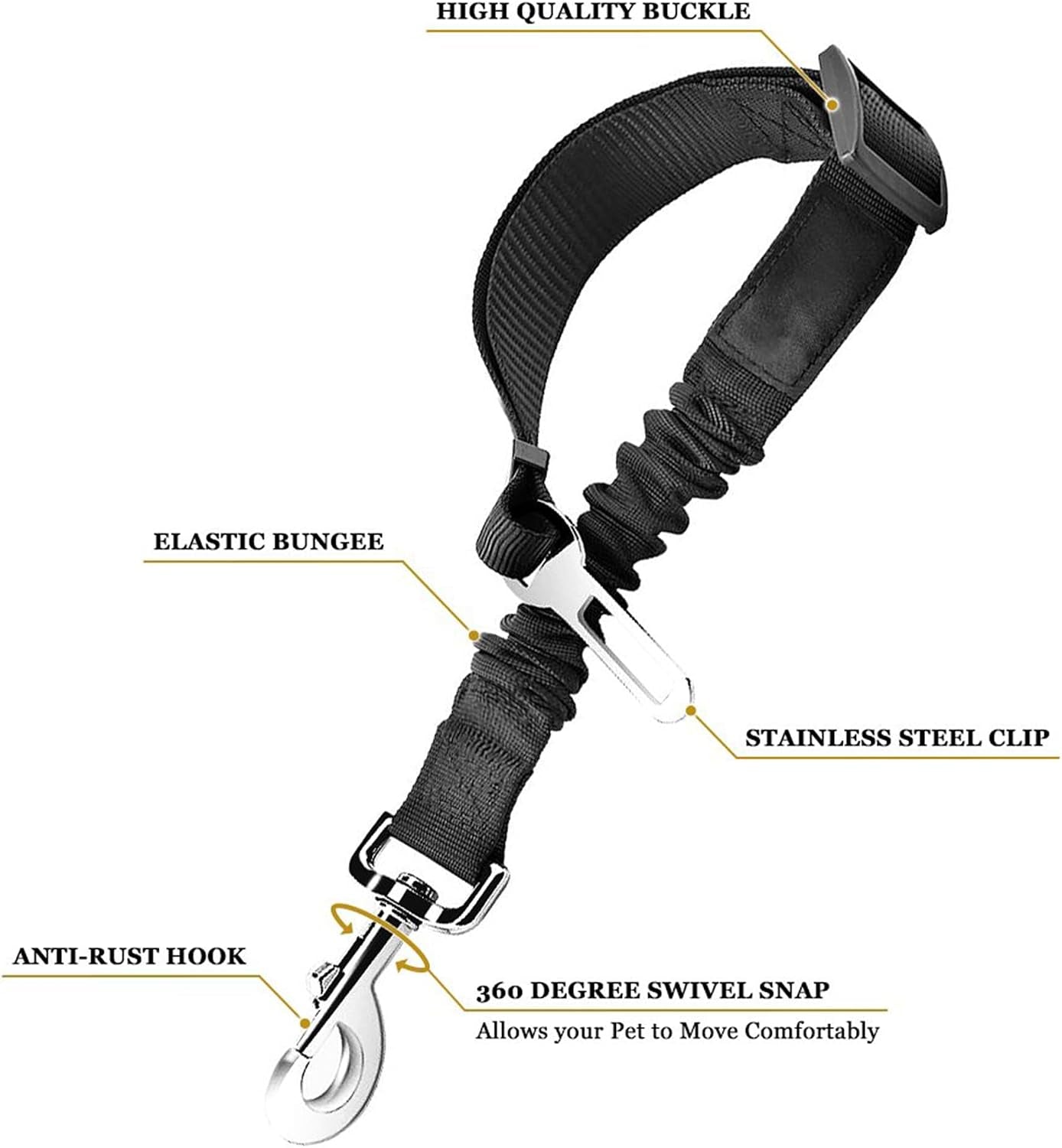 sungrow-elastic-nylon-dog-seat-belt-24-36-adjustable-black-harness-elastic-tether-with-metal-buckles-2-pcs-per-pack