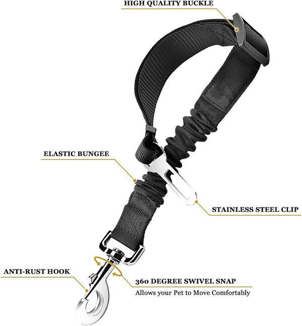 Sungrow Elastic Nylon Dog Seat Belt, 24” - 36”, Adjustable Black Harness, Elastic Tether with Metal Buckles, 2 Pcs per Pack5