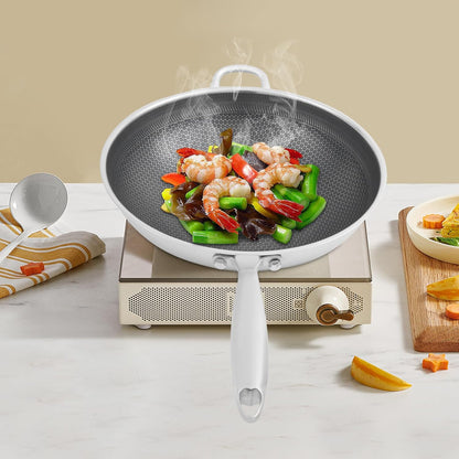 14.2 Inch Stainless Steel Stir-Fry Wok, Cooking Frying Pan, Non Stick Honeycomb Skillet with Stay Cool Handle, Class Lid, Suitable for Induction, Ceramic, Electric, and Gas Cooktops2