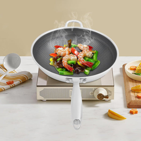 14.2 Inch Stainless Steel Stir-Fry Wok, Cooking Frying Pan, Non Stick Honeycomb Skillet with Stay Cool Handle, Class Lid, Suitable for Induction, Ceramic, Electric, and Gas Cooktops2
