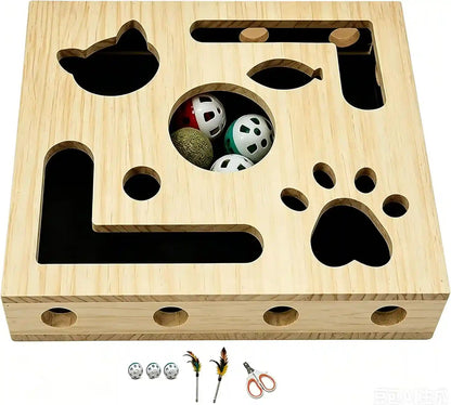 Cat Nail File Scratcher,Large Solid Wood Cat Toy Box with Sandpaper Inside, Interactive Indoor Cat Toy, Cat Claw Saver Box, 3 Bells & 2 Cat Wand& 1Cat Nail Clippers1