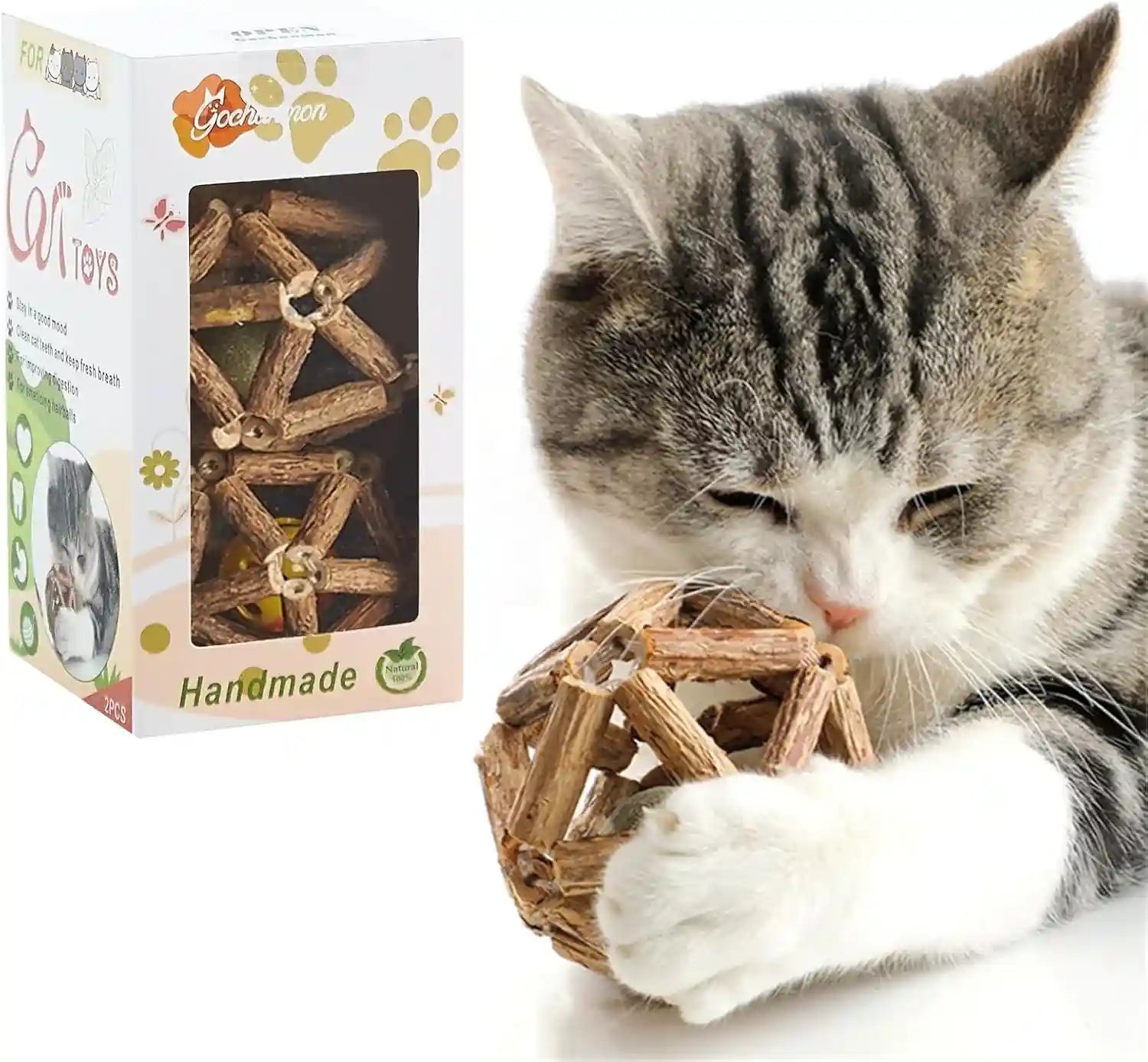 gochanmon-catnip-toys-2pcs-natural-silvervine-stick-catnip-ball-bell-ball-cat-toys-for-indoor-cats-cleaning-teeth-molar-tools-matatabi-cat-chew-toy-kitten-toys-all-breeds
