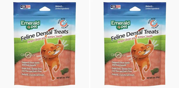 Emerald Pet Grain-Free Cat Dental Treats with Salmon – Crunchy Natural Dental Treats for Cats to Clean Teeth, Freshen Breath, and Reduce Plaque & Tartar – 11 Oz Tub11