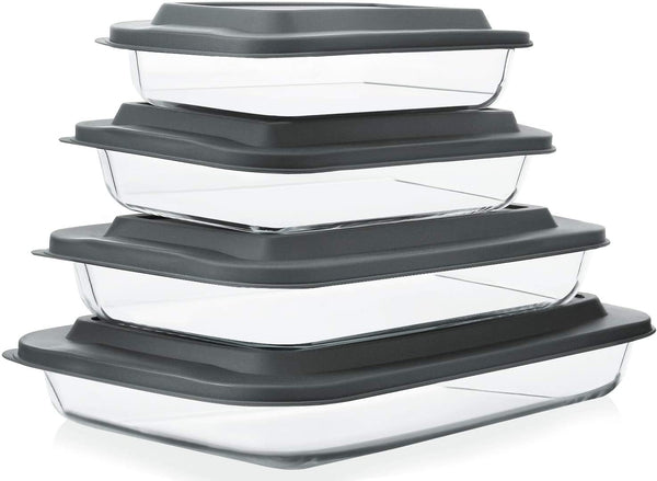 8 Piece Deep Glass Baking Dish with Lids, BPA Free,Gray | Rectangular Glass Bakeware Set, Baking Pans for Lasagna, Casserole Dishes, Microwave, Oven, Freezer, Dishwasher1