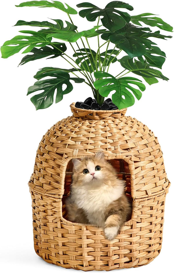 SETVSON Cat Litter Box Plant Furniture Enclosure, Rattan PE House, Natural | Decorative Planter Design, Removable Top for Easy Cleaning, Includes Artificial Plants, Real Stones, 20 X 20 Inches1