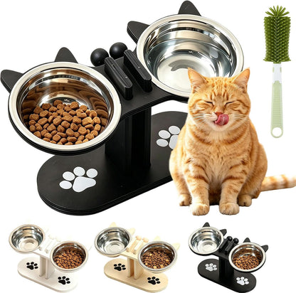 2026 New Anti-Slip Elevated 3-Bowl Pet Feeder, Cat Bowls with Stand Tilted, Stainlesssteel Cat Feeding Station, Ergonomic Elevated Cats Bowls with Wooden Base, Pet Feeding Station for Food & Water (E)11
